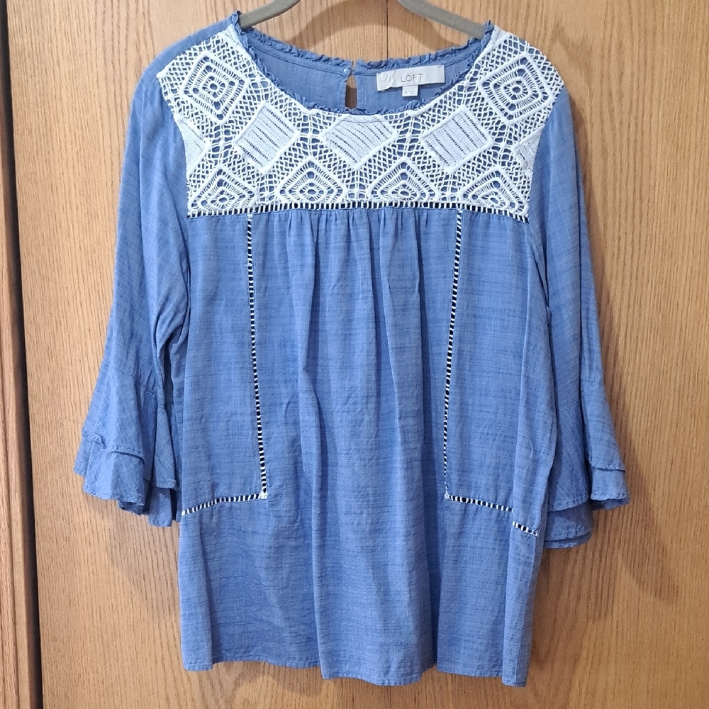 LOFT Chambray Blouse with White Crochet Detail